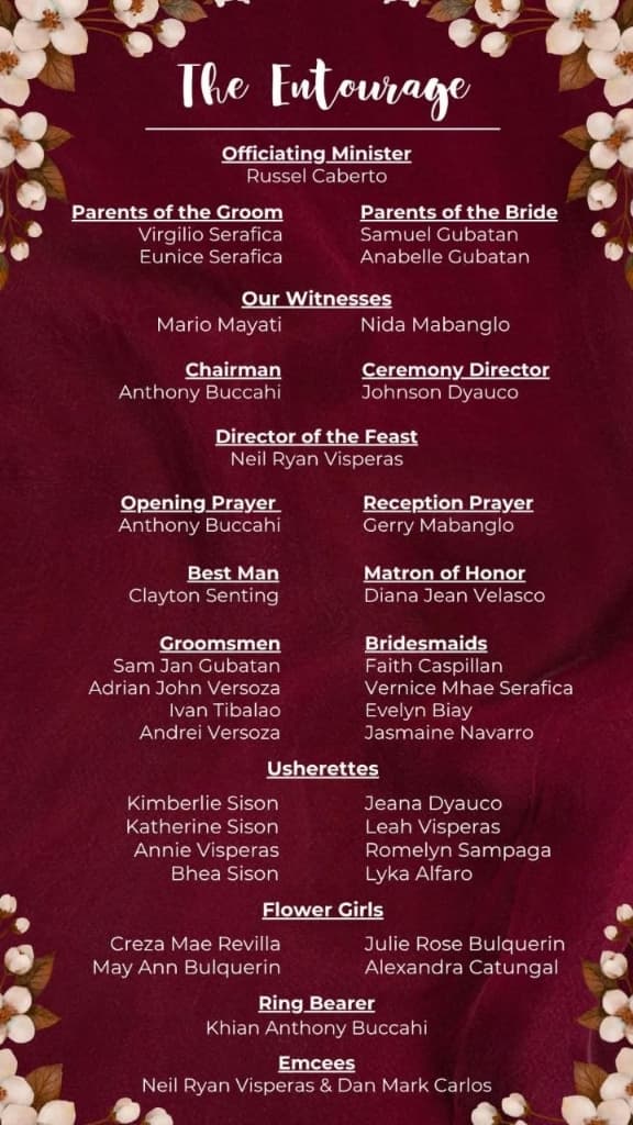Official wedding entourage roster for Mark Vincent and Angelica