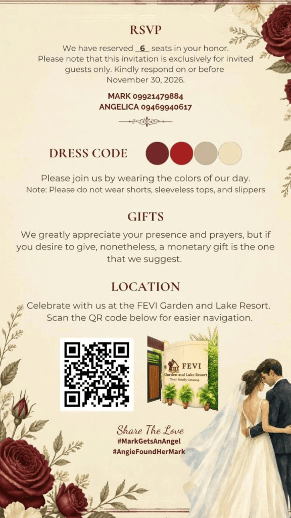 Official wedding details card with QR code for FEVI Garden and Lake Resort navigation